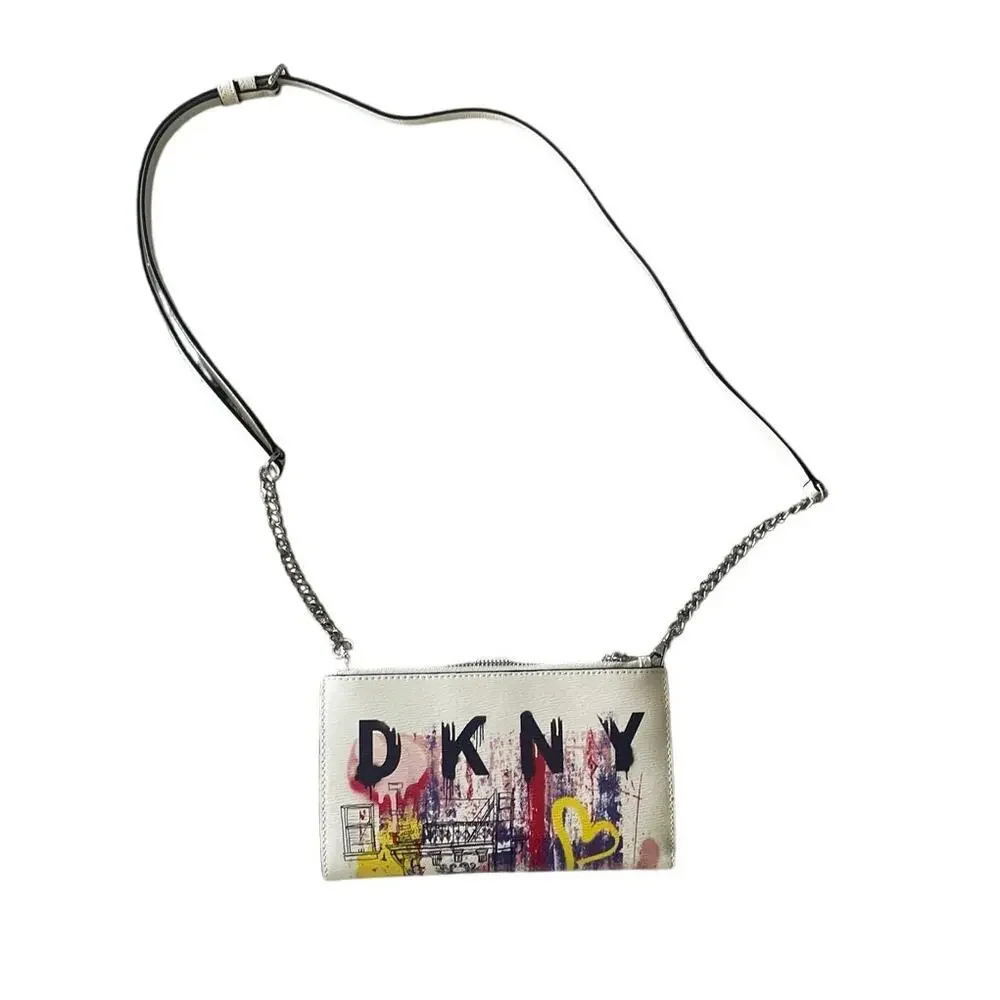 DKNY Bryant Small Crossbody Graffiti print on white bag WOC